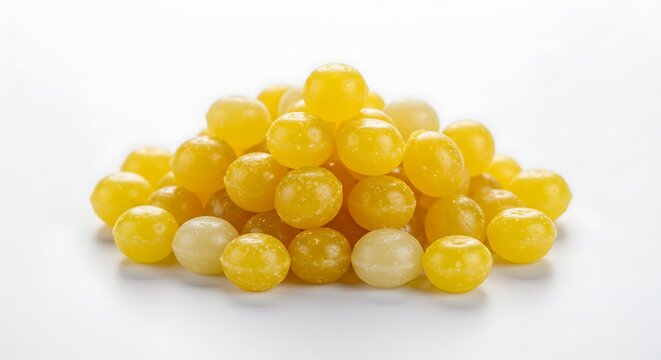 Vibrant pile of small, round yellow hard candies, displaying a delightful mix of translucent and opaque shades, possibly classic lemon drops or similar fruit-flavored sweets