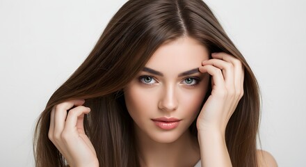 Obraz premium Woman Touching Long Hair Looking at Camera on Neutral Background