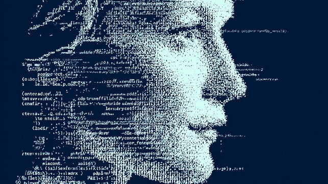 human face made of programming code ascii text digital portrait representing technology identity software development and cyber concept on dark background
