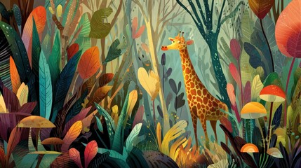 Obraz premium A whimsical giraffe gazes through a vibrant jungle scene.