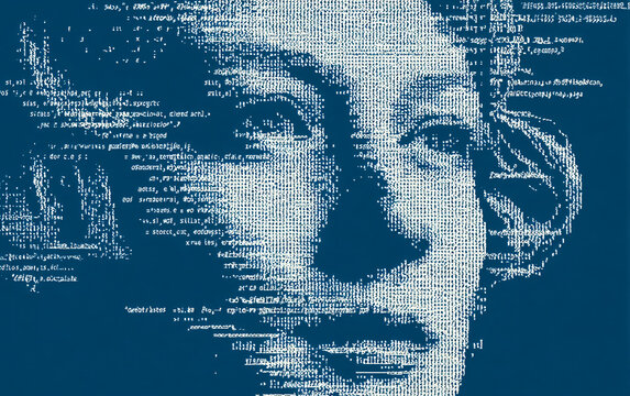 human face made of programming code ascii text digital portrait representing technology identity software development and cyber concept on dark background

