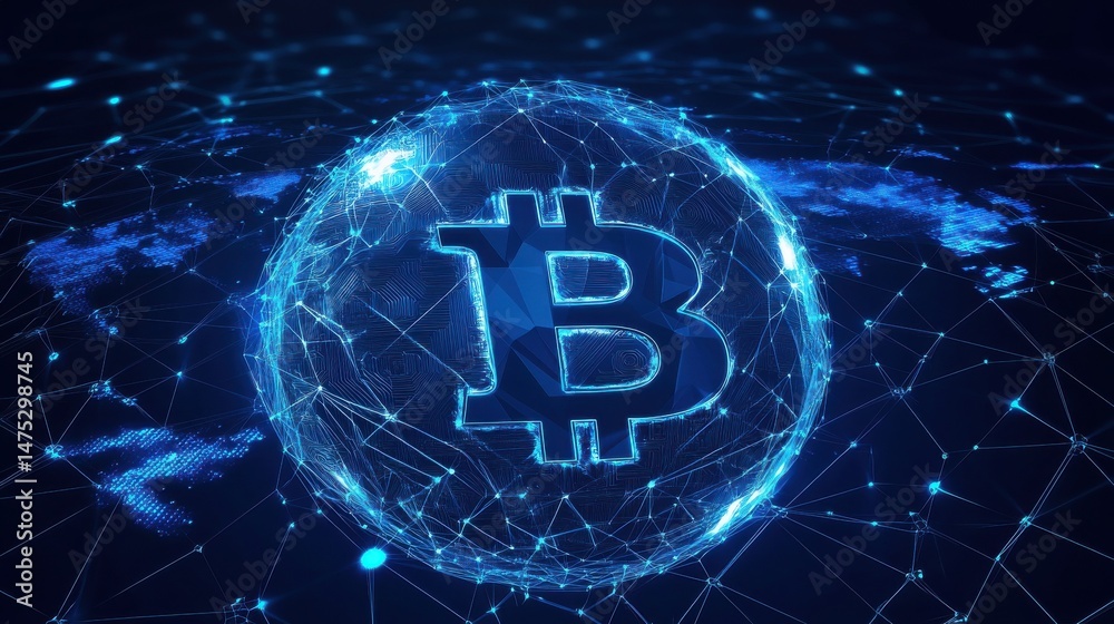 Poster blockchain technology futuristic hud background with world globe and blockchain polygon peer to peer