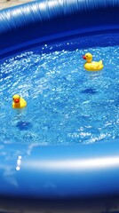 A blue pool with a bunch of yellow ducks floating in it. The ducks are scattered around the pool, some closer to the edge and others further in. The scene gives off a playful and lighthearted mood