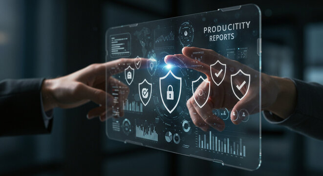 Hands interacting with a transparent display showing data visualizations and security icons. Futuristic data protection interface.