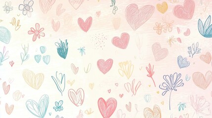 A subtle love doodles background, featuring hand-drawn hearts, flowers, and sweet little designs in soft pastel colors