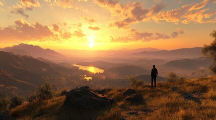 Fototapeta premium A person standing on a hill overlooking a valley at sunset, feeling reflective and calm