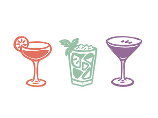 Cocktail glasses set pastel sketch modern vector icon

