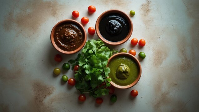Assortment of three sauces in ceramic bowls, overhead view, food, no one present