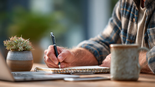 Entrepreneur working from home on a laptop, brainstorming ideas and making notes on a notepad for a new project