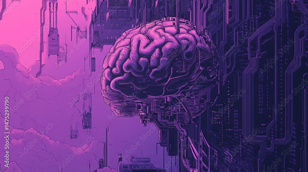 Poster brain with digital circuit and programmer with laptop. machine learning, artificial intelligence, di