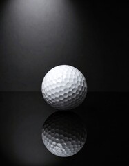 White golf ball with reflection on black background in soft lighting