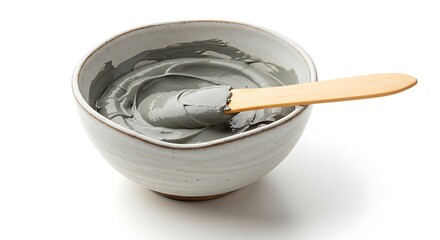 Artisanal ceramic bowl brimming with smooth, grey cosmetic clay or detoxifying mud mask, a wooden spatula resting gently within, ready for application.