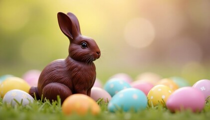 Adorable Easter bunny chocolate, sitting amongst colorful eggs Perfect for Easter-themed projects , spring, rabbit