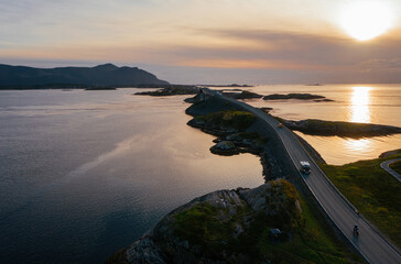Atlantic Ocean Road with famous Storseisundet Bridge top view. Picturesque northern Norway nature...