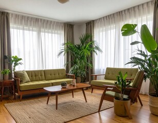 A stylish mid-century modern room with wooden furniture, olive green accents