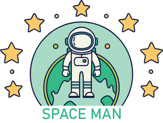 Space Man Character Design with Stars and Planet for Space Enthusiast Illustration Fun Educational Concept for Kids Exploration Imagination and Astronaut Themes