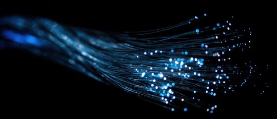 Fiber Optic Cable Close-Up on Black Background Showing Data Transmission in Network Technology for High Speed Internet