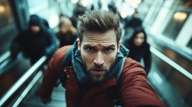 A dynamic shot captures a focused man in a red jacket ascending an escalator in a bustling urban environment, symbolizing the fast-paced lifestyle of city life.