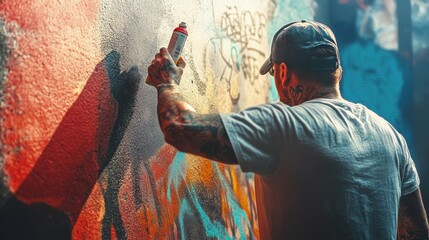 Tattooed graffiti writer painting with color spray his dark picture on the wall - Contemporary artist at work - Urban lifestyle,street art concept illustration , no logos, no brands