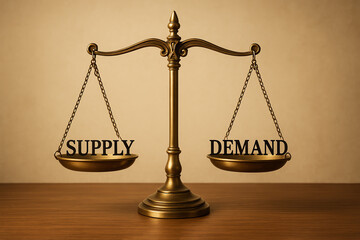 A symbolic representation of supply and demand using a balance scale. This image highlights the fundamental concept in economics that influences market behavior and pricing.