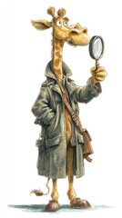 Obraz premium A whimsical giraffe detective examines a magnifying glass.