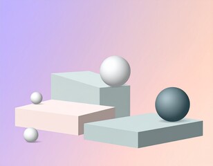 Abstract scene with matte ceramic orbs and cubes on layered stone slabs, set against