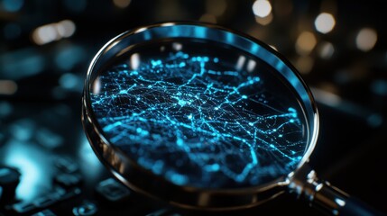 Cybersecurity Magnifying Glass: Unveiling Digital Threats. A close-up shot of a magnifying glass revealing intricate, glowing blue neural network connections.