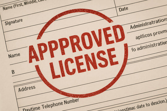 An official document showing an approved license with a bold stamp and clear layout, suitable for representing authorization, approval, or compliance in business contexts.