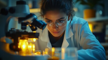 Focused scientist examining samples under microscope.