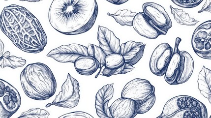 Hand drawn botanical illustration of assorted nuts and fruits in monochrome style