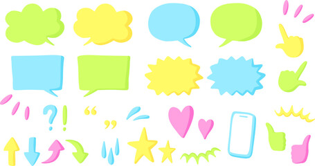 Cute hand drawn vector speech bubbles and elements set in summer colors