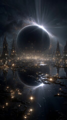 Fototapeta premium dark glowing energy sphere floating over surreal alien landscape with cosmic mist golden lights and futuristic science fiction atmosphere in deep space 