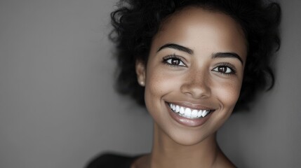 Close up face of young woman with beautiful smile isolated on grey wall with copy space. Successful multiethnic girl. Latin woman looking at camera against gray wall with a big whitening teeth smile.