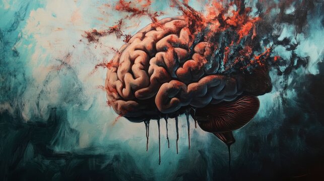 Surreal depiction of a brain exploding with vibrant colors, set against an abstract background