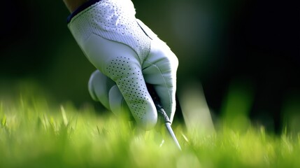 Close-up of a golfer's gloved hand preparing to swing a club on a lush green golf course
