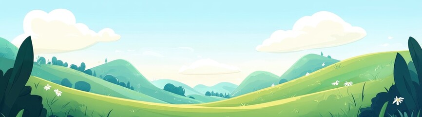 Obraz premium Rolling Green Hills: A Serene Cartoon Landscape