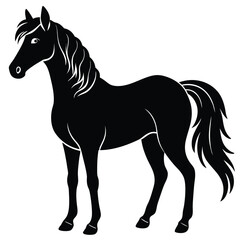 This is a black horse vector illustration, a mammal silhouette of an equine animal, possibly a stallion or mare, running wild