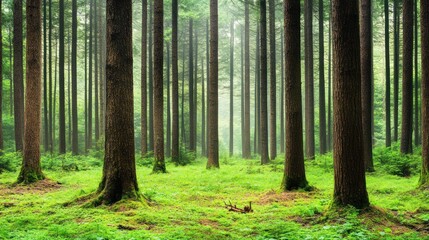 Fototapeta premium Misty Forest with Tall Trees