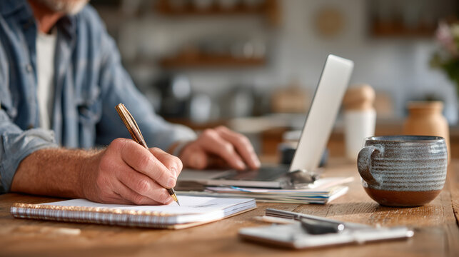 Man working remotely from his kitchen table, laptop open, organizing his day with a to-do list and coffee nearby