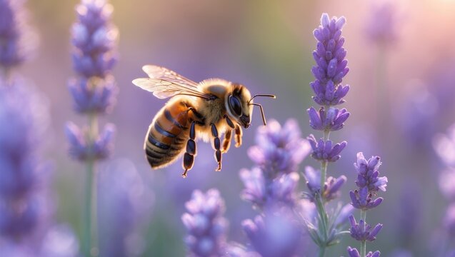 Honey bee engaging in flower pollination. Insect-related plant decay. Vague summer backdrop of flowers and bees. Beautiful wallpaper design. Softly focused. Field bee soaring above flower.