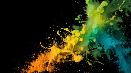 Explosive Spectrum: A dynamic cascade of vibrant pigments erupts against a stark black backdrop, creating a stunning visual symphony of color and movement.