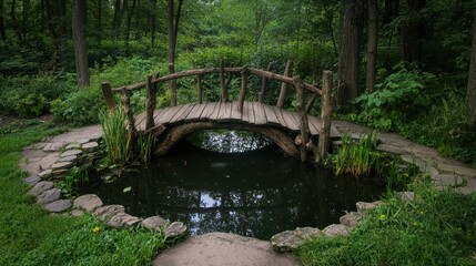 Fototapeta premium Wooden bridge over a pond surrounded by lush green vegetation in nature