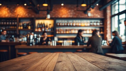 Coffee Shop Interior with Wooden Table and Blurred Background, Vintage Red Brick Walls, Modern Loft Design for Store Display