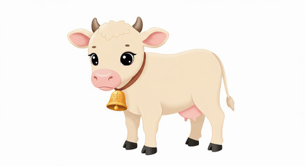 Obraz premium Baby cow with golden bell around neck, white background