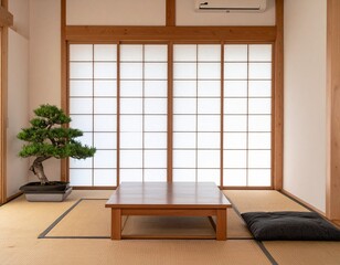 Minimal Japanese Zen living room with tatami mats, low wooden table, bonsai