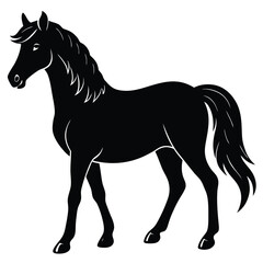 A black vector illustration depicts a running horse silhouette, an equine animal with a flowing mane and tail
