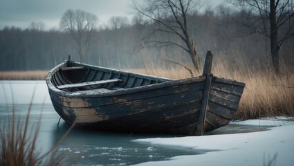 An antiquated fishing boat situated on the shoreline of a frozen lake