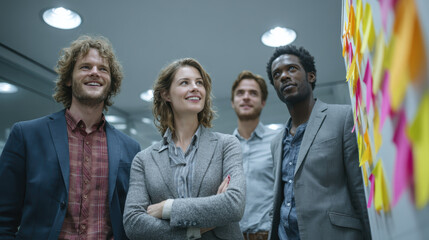 Business colleagues from various ethnicities brainstorming together in a modern office setting