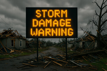 Naklejka premium A digital warning sign displays 'Storm Damage Warning' amid a backdrop of devastation. The image captures the urgency of weather-related dangers and effects on communities.