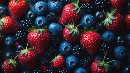 Fototapeta premium Vibrant display of fresh, organic berries like blackberry, red currant, and wild strawberries arranged on a shiny surface